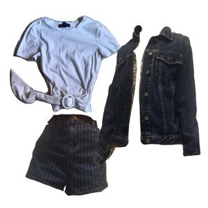 OUTFIT BUNDLE DEAL! GAP blue denim coat, white cropped tee, striped jean shorts